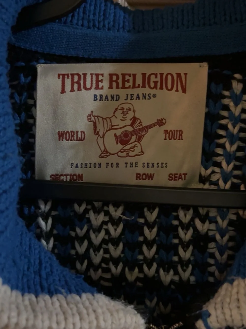True Religion Mens Black & Blue Zip-Up intarsia cardigan